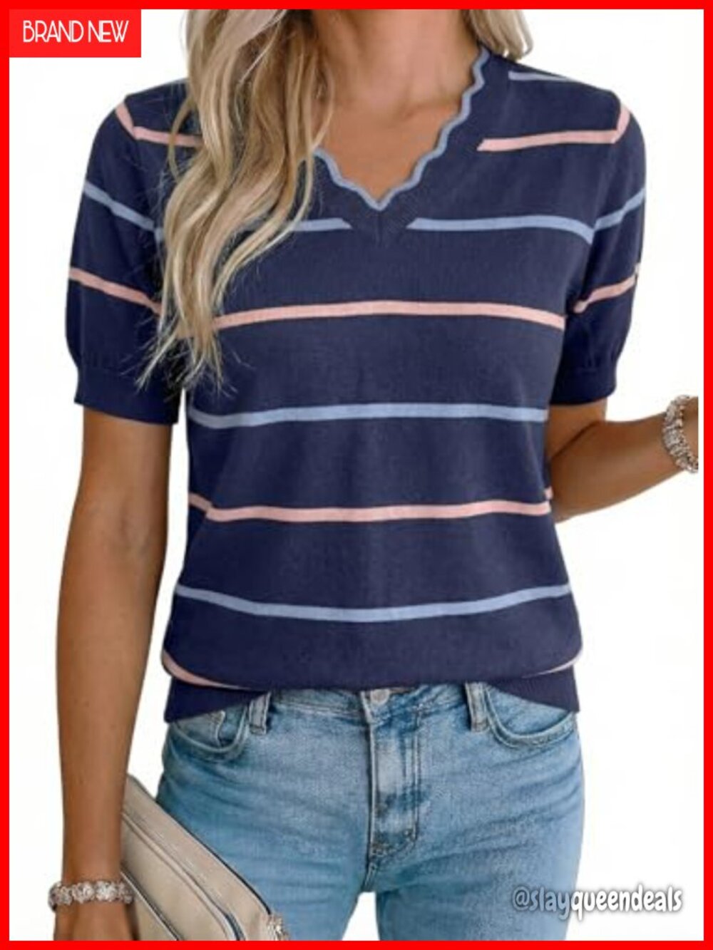 Striped Knit Pullover Sweater Short Sleeve V-Neck Summer Top